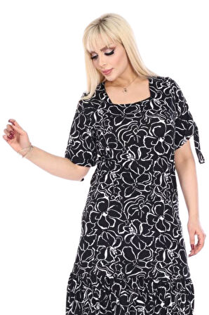 Melsay Butik Siyah Çiçek Desen Kolları Bağlamalı Kısa Kollu Kadın Midi Elbise