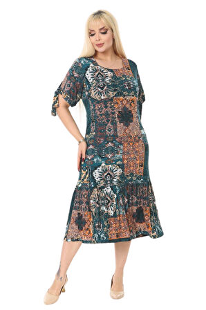 Melsay Butik Petrol Etnik Desen Kolları Bağlamalı Kısa Kollu Kadın Midi Elbise