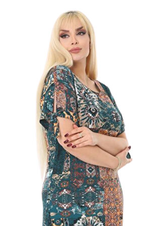 Melsay Butik Petrol Etnik Desen Kolları Bağlamalı Kısa Kollu Kadın Midi Elbise