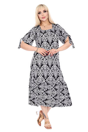 Melsay Butik Kolları Bağlamalı Kısa Kollu Beyaz Dantel Desen Midi Elbise