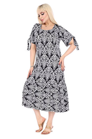 Melsay Butik Kolları Bağlamalı Kısa Kollu Beyaz Dantel Desen Midi Elbise