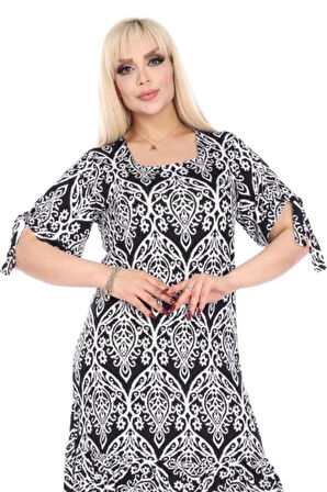 Melsay Butik Kolları Bağlamalı Kısa Kollu Beyaz Dantel Desen Midi Elbise