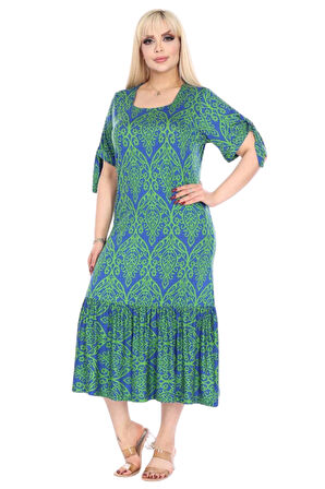 Melsay Butik Yeşil Dantel Desen Kolları Bağlamalı Kısa Kollu Kadın Midi Elbise