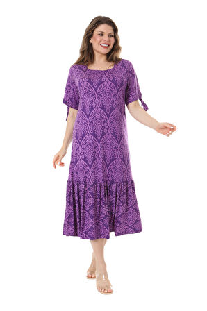 Melsay Butik Mor Dantel Desen Kolları Bağlamalı Kısa Kollu Kadın Midi Elbise