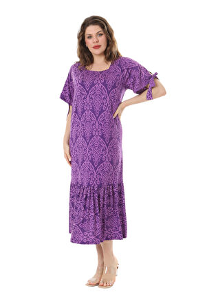 Melsay Butik Mor Dantel Desen Kolları Bağlamalı Kısa Kollu Kadın Midi Elbise