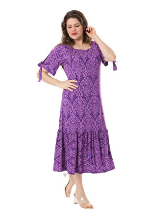 Melsay Butik Mor Dantel Desen Kolları Bağlamalı Kısa Kollu Kadın Midi Elbise