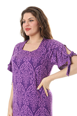 Melsay Butik Mor Dantel Desen Kolları Bağlamalı Kısa Kollu Kadın Midi Elbise