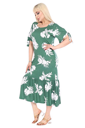 Melsay Butik Yeşil Beyaz Yaprak Desen Kolları Bağlamalı Kısa Kollu Elbise