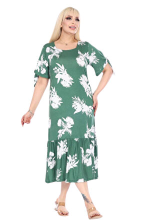 Melsay Butik Yeşil Beyaz Yaprak Desen Kolları Bağlamalı Kısa Kollu Elbise