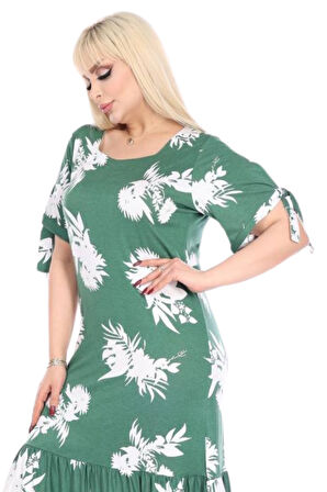 Melsay Butik Yeşil Beyaz Yaprak Desen Kolları Bağlamalı Kısa Kollu Elbise