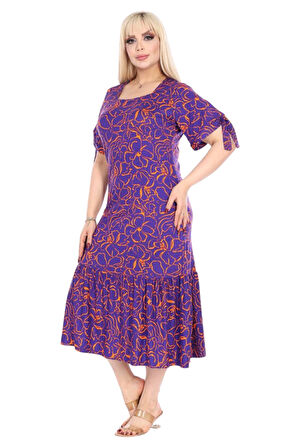 Melsay Butik Mor Çiçek Desen Kolları Bağlamalı Kısa Kollu Kadın Midi Elbise