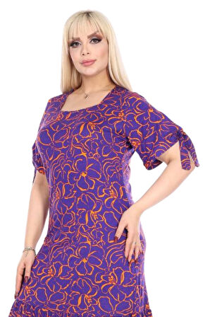 Melsay Butik Mor Çiçek Desen Kolları Bağlamalı Kısa Kollu Kadın Midi Elbise