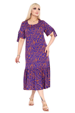 Melsay Butik Mor Çiçek Desen Kolları Bağlamalı Kısa Kollu Kadın Midi Elbise