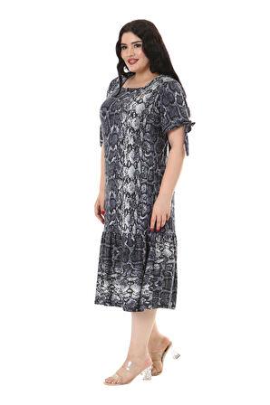 Melsay Butik Kolları Bağlamalı Gri Yılan Desen Kısa Kollu Kadın Midi Elbise
