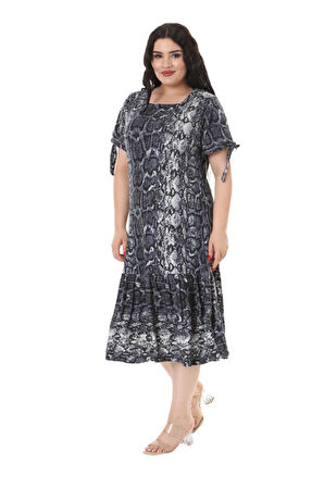 Melsay Butik Kolları Bağlamalı Gri Yılan Desen Kısa Kollu Kadın Midi Elbise