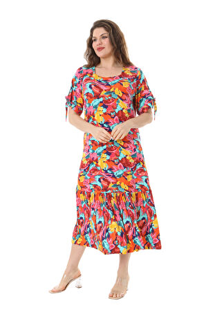 Melsay Butik Sarı Gül Desen Kolları Bağlamalı Kısa Kollu Kadın Midi Elbise