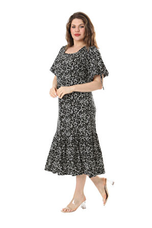Melsay Butik Siyah Çıtır Desen Kolları Bağlamalı Kısa Kollu Kadın Midi Elbise