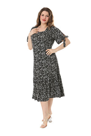 Melsay Butik Siyah Çıtır Desen Kolları Bağlamalı Kısa Kollu Kadın Midi Elbise