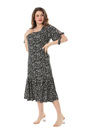 Melsay Butik Siyah Çıtır Desen Kolları Bağlamalı Kısa Kollu Kadın Midi Elbise