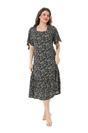 Melsay Butik Siyah Çıtır Desen Kolları Bağlamalı Kısa Kollu Kadın Midi Elbise