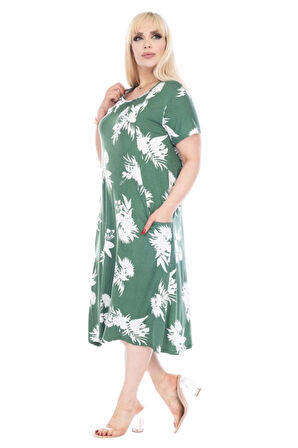 Melsay Butik Yeşil Beyaz Yaprak Desen Kuplu Cepli Kısa Kol Kadın Midi Elbise