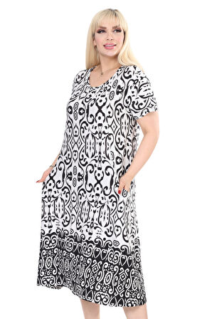 Melsay Butik Beyaz Siyah Kilim Desen Kuplu Cepli Kısa Kol Kadın Midi Elbise