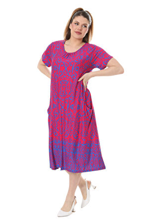 Melsay Butik Pembe Mavi Kilim Desen Kuplu Cepli Kısa Kol Kadın Midi Elbise
