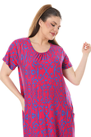 Melsay Butik Pembe Mavi Kilim Desen Kuplu Cepli Kısa Kol Kadın Midi Elbise