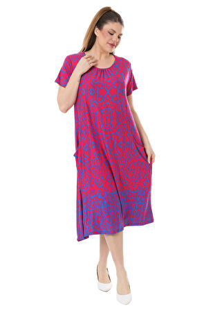 Melsay Butik Pembe Mavi Kilim Desen Kuplu Cepli Kısa Kol Kadın Midi Elbise