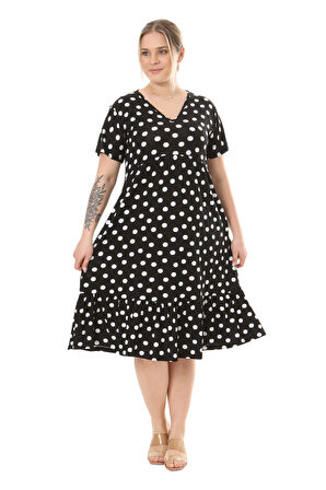 Melsay Butik Göğüsten Robalı V Yaka Kısa Kollu Siyah Puantiye Desenli Cepli Elbise