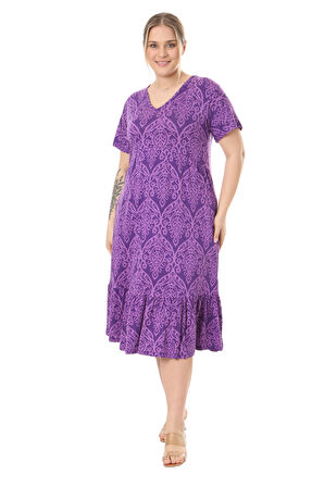 Melsay Butik Göğüsten Robalı V Yaka Kısa Kollu Mor Dantel Desenli Cepli Elbise