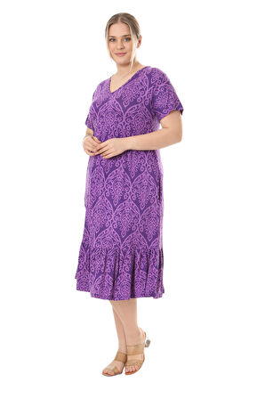 Melsay Butik Göğüsten Robalı V Yaka Kısa Kollu Mor Dantel Desenli Cepli Elbise