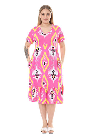 Melsay Butik Göğüsten Robalı V Yaka Kısa Kollu Pembe Motif Desenli Cepli Elbise