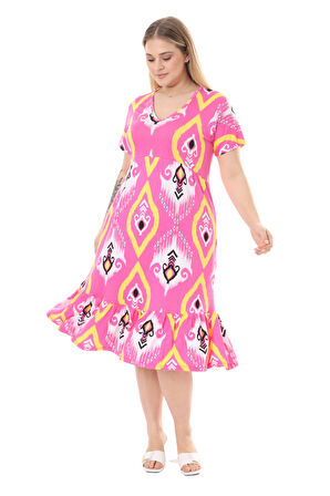 Melsay Butik Göğüsten Robalı V Yaka Kısa Kollu Pembe Motif Desenli Cepli Elbise