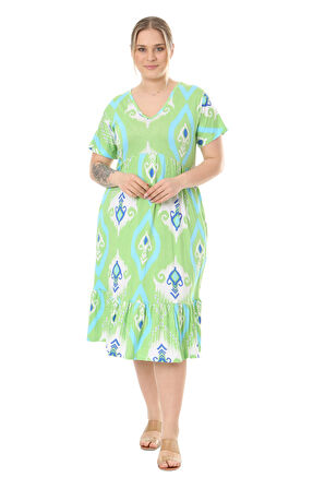 Melsay Butik Göğüsten Robalı V Yaka Kısa Kollu Yeşil Motif Desenli Cepli Elbise