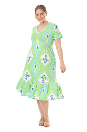 Melsay Butik Göğüsten Robalı V Yaka Kısa Kollu Yeşil Motif Desenli Cepli Elbise