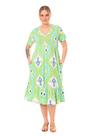 Melsay Butik Göğüsten Robalı V Yaka Kısa Kollu Yeşil Motif Desenli Cepli Elbise