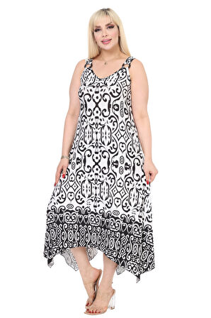 Melsay Butik Beyaz Siyah Kilim Desen Askılı V Yaka Elbise