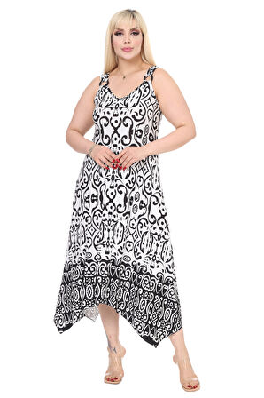 Melsay Butik Beyaz Siyah Kilim Desen Askılı V Yaka Elbise