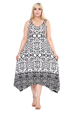 Melsay Butik Beyaz Siyah Kilim Desen Askılı V Yaka Elbise