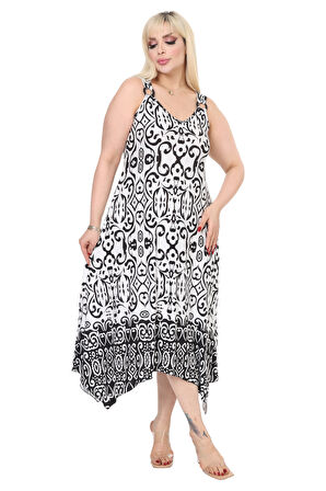 Melsay Butik Beyaz Siyah Kilim Desen Askılı V Yaka Elbise
