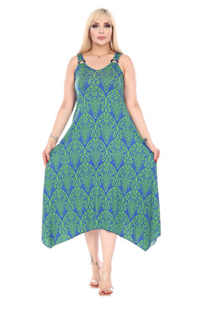 Melsay Butik Yeşil Dantel Desen Askılı V Yaka Elbise