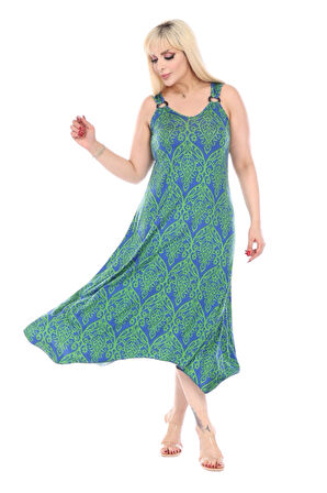 Melsay Butik Yeşil Dantel Desen Askılı V Yaka Elbise