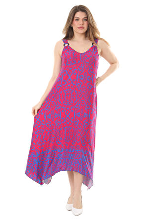 Melsay Butik Pembe Mavi Kilim Desen Askılı V Yaka Elbise