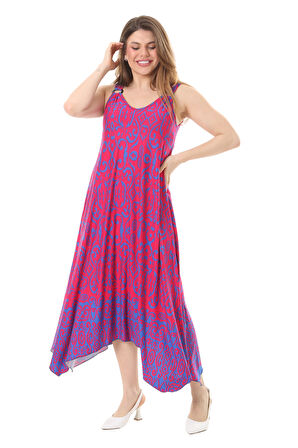 Melsay Butik Pembe Mavi Kilim Desen Askılı V Yaka Elbise