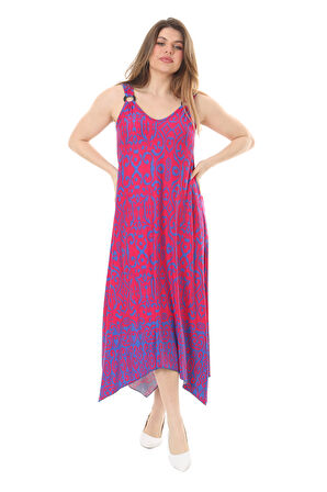 Melsay Butik Pembe Mavi Kilim Desen Askılı V Yaka Elbise