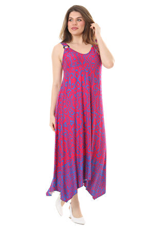 Melsay Butik Pembe Mavi Kilim Desen Askılı V Yaka Elbise