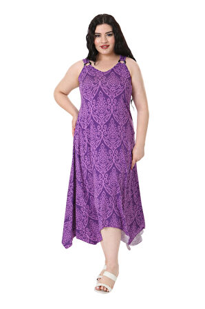 Melsay Butik Mor Dantel Desen Askılı V Yaka Elbise