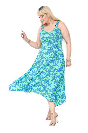 Melsay Butik Turkuaz Mercan Desen Askılı V Yaka Elbise