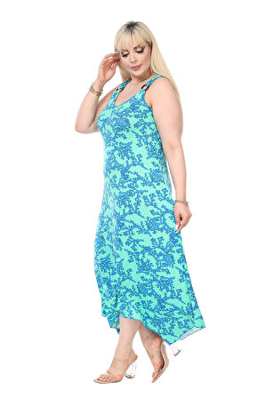 Melsay Butik Turkuaz Mercan Desen Askılı V Yaka Elbise